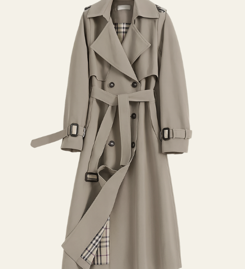 Belted Plaid-Lined Trench Coat