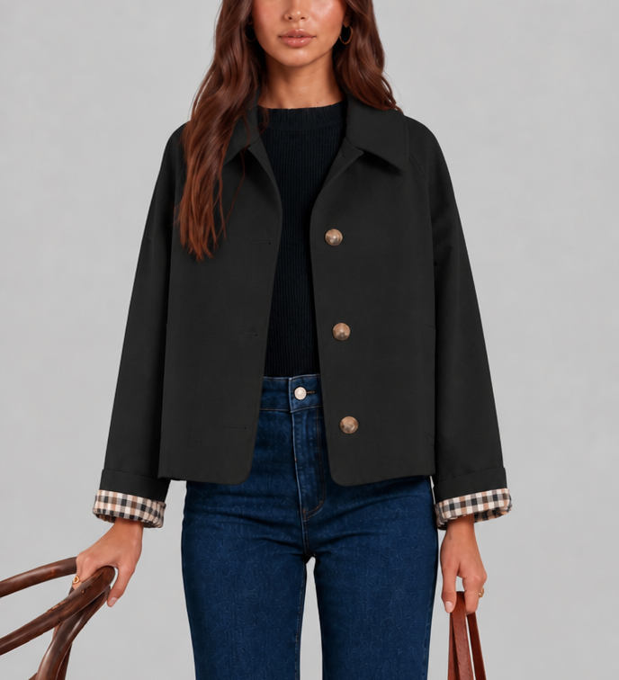 Boxy Plaid-Lined Cropped Trench Jacket