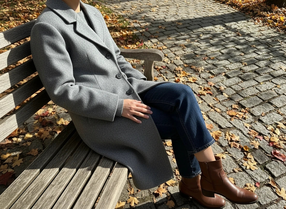 Woman wearing a grey wool coat on a park bench in autumn